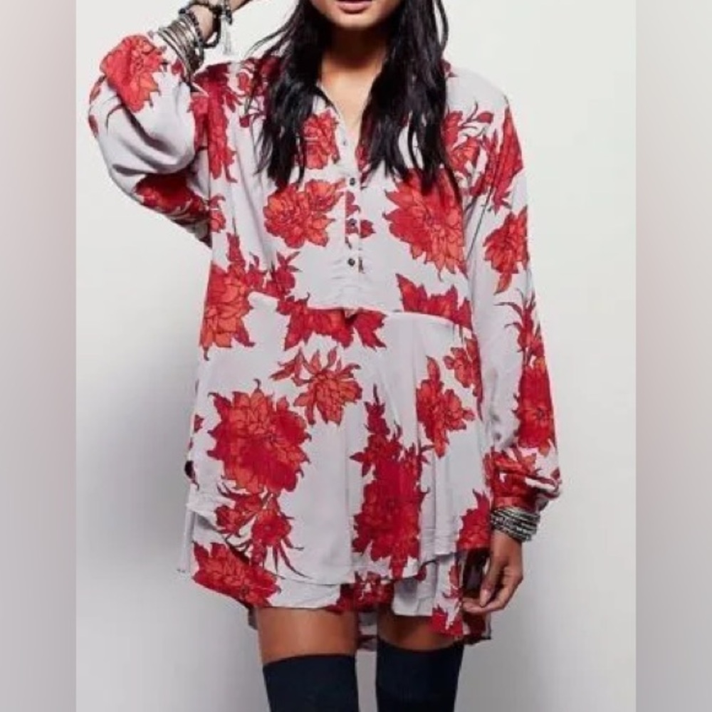 Free People Shake It Floral Printed Baby Doll Long Sleeve Dress Size Small